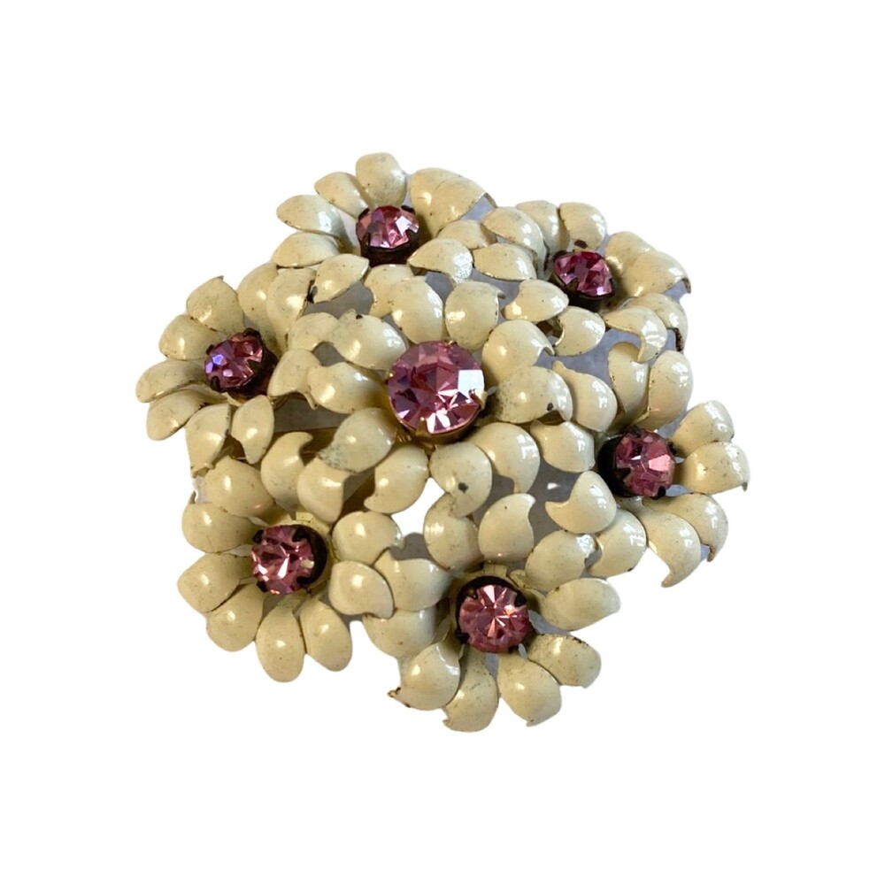 Vintage 1950s White enamel Flower Brooch with Pink Rhinestones